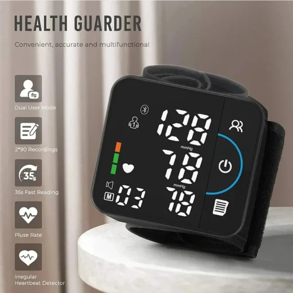 Advanced Bluetooth Wrist Blood Pressure Monitor – USB Rechargeable with Voice and Large Digital Display.